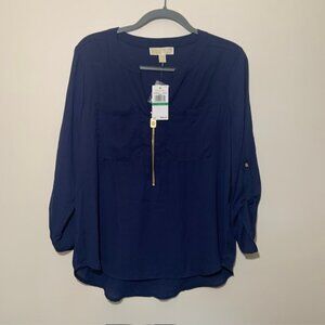 NWT Michael Kors Women's Navy Gold Zip Work Blouse - Size L - FLAW - Discounted